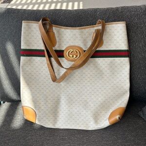 Gucci Beige GG Canvas Tote with Green-Red Web and Brown Leather Trim